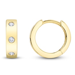 Shy Creation Diamond Three-Stone Huggie Hoop Earrings 1/10 ct tw 14K Yellow Gold