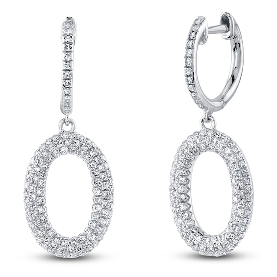 Shy Creation Diamond Open Oval Dangle Hoop Earrings 1/2 ct tw 14K White Gold SC55024583
