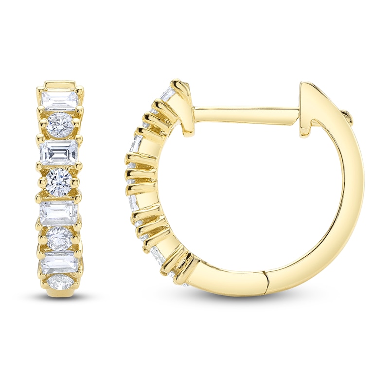 Main Image 1 of Shy Creation Baguette & Round-Cut Diamond Alternating Hoop Earrings 1/3 ct tw 14K Yellow Gold J-SC55009031