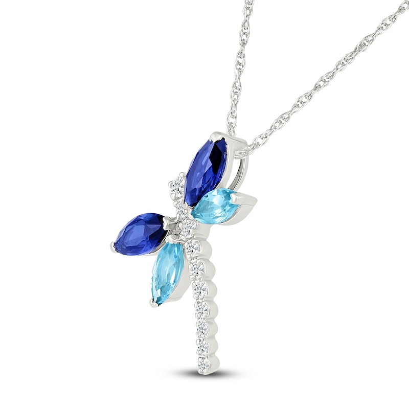 Main Image 2 of Natural Blue Topaz, Blue & White Lab-Created Sapphire Dragonfly Necklace Sterling Silver 18"