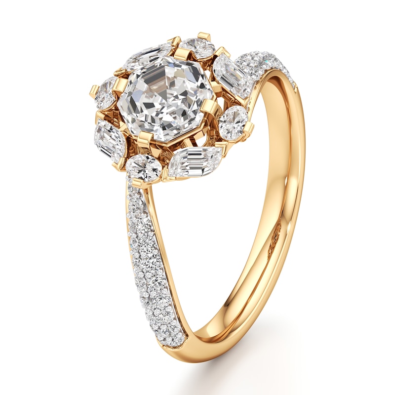 Main Image 4 of J'Lure Octagon Step-Cut Lab-Grown Diamond Halo Bypass Engagement Ring 1-5/8 ct tw 18K Yellow Gold