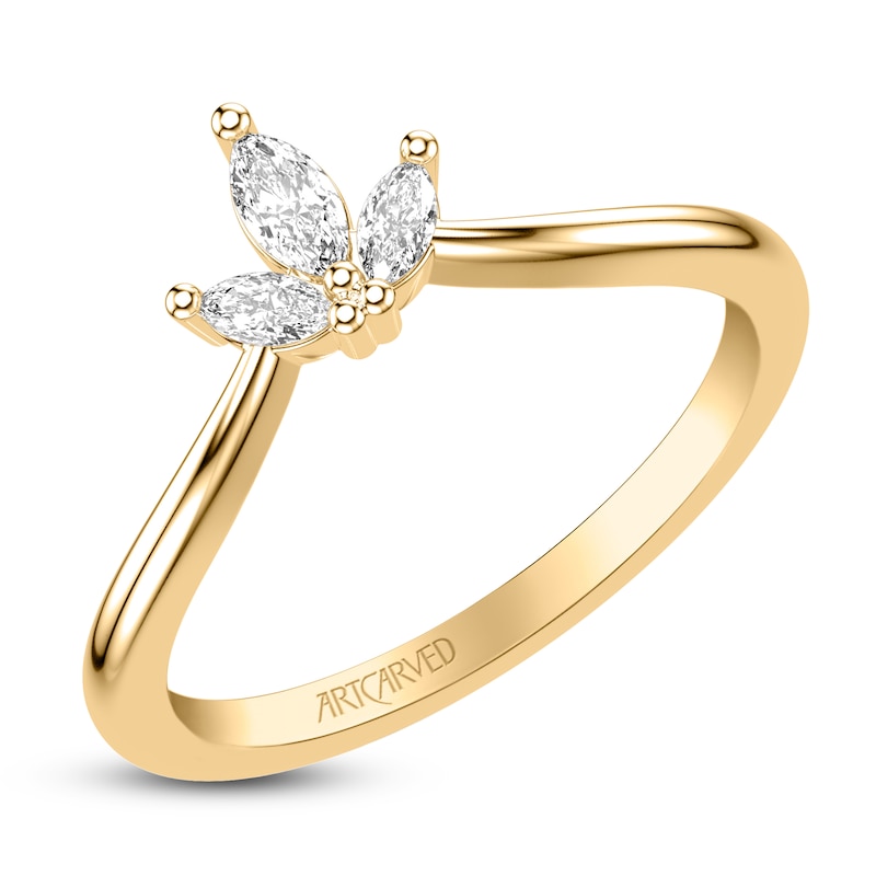 Main Image 2 of ArtCarved Marquise-Cut Diamond Three-Stone Contour Anniversary Ring 1/5 ct tw 14K Yellow Gold