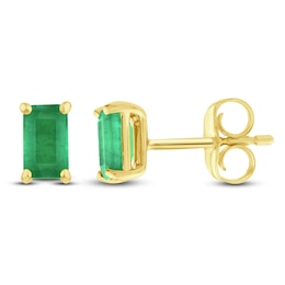 Rectangle-Cut Natural Emerald Solitaire Stud Earrings 10K Yellow Gold