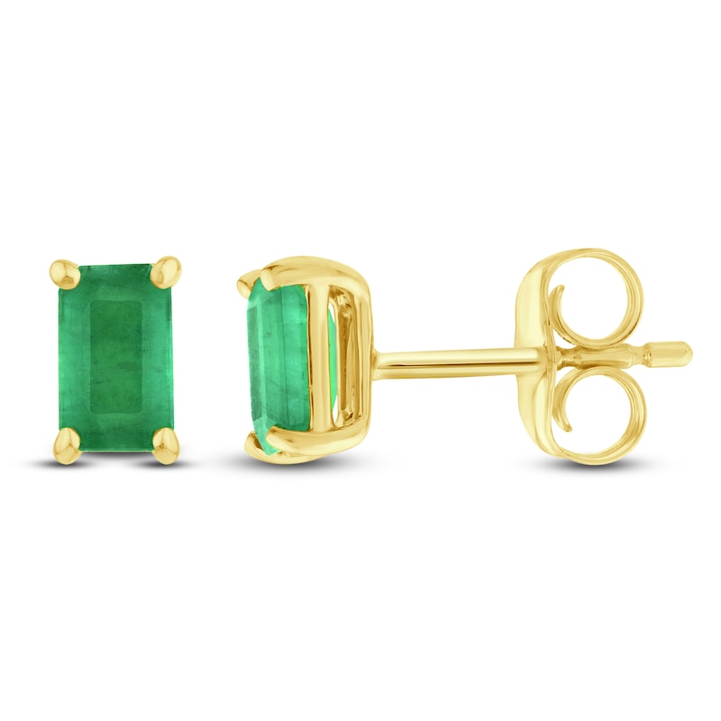Main Image 1 of Rectangle-Cut Natural Emerald Solitaire Stud Earrings 10K Yellow Gold