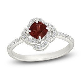 Cushion-Cut Natural Garnet & Diamond Halo Ring 1/6 ct tw 10K White Gold
