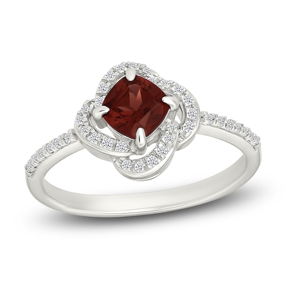 Cushion-Cut Natural Garnet & Diamond Halo Ring 1/6 ct tw 10K White Gold