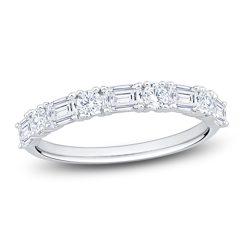 Main Image 1 of Round & Emerald-Cut Lab-Grown Diamond Anniversary Ring 1 ct tw 14K White Gold