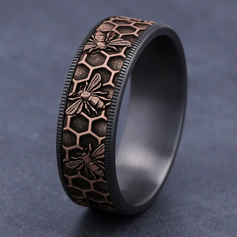 Main Image 4 of Men's Bee Comfort-Fit Wedding Band Tantalum & 14K Rose Gold 7.5mm