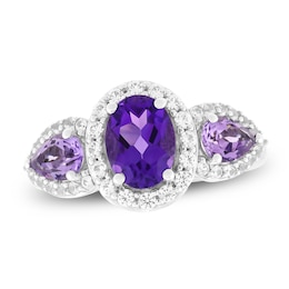 Oval-Cut Natural Amethyst, Pear-Shaped Natural Light Amethyst & White Lab-Created Sapphire Three-Stone Ring 10K White Gold