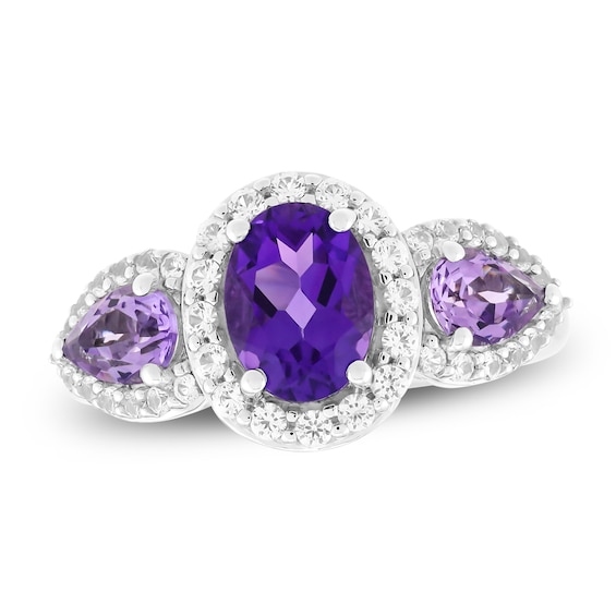 Oval-Cut Natural Amethyst, Pear-Shaped Natural Light Amethyst & White Lab-Created Sapphire Three-Stone Ring 10K White Gold