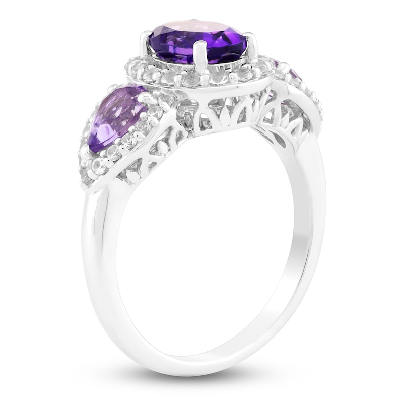 Main Image 2 of Oval-Cut Natural Amethyst, Pear-Shaped Natural Light Amethyst & White Lab-Created Sapphire Three-Stone Ring 10K White Gold