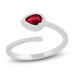 Pear-Shaped Natural Ruby & Diamond Halo Deconstructed Ring 1/6 ct tw 10K White Gold