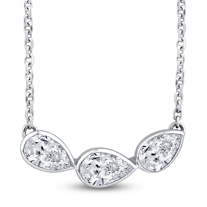 Main Image 1 of Pear-Shaped Lab-Grown Diamond Three-Stone Curved Bar Necklace 1/2 ct tw 14K White Gold 18"