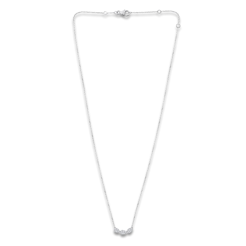 Main Image 2 of Pear-Shaped Lab-Grown Diamond Three-Stone Curved Bar Necklace 1/2 ct tw 14K White Gold 18"