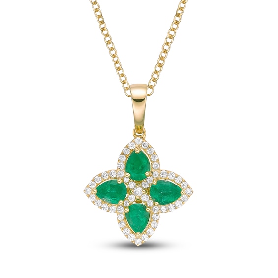 Pear-Shaped Natural Emerald & Diamond Clover Necklace 1/5 ct tw 10K Yellow Gold 18"