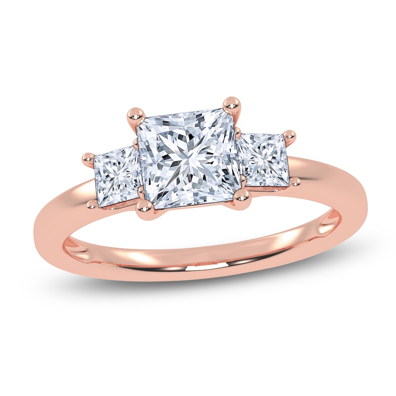 Main Image 1 of Certified Princess-Cut Lab-Grown Diamond Three-Stone Engagement Ring 1-1/2 ct tw 14K Rose Gold