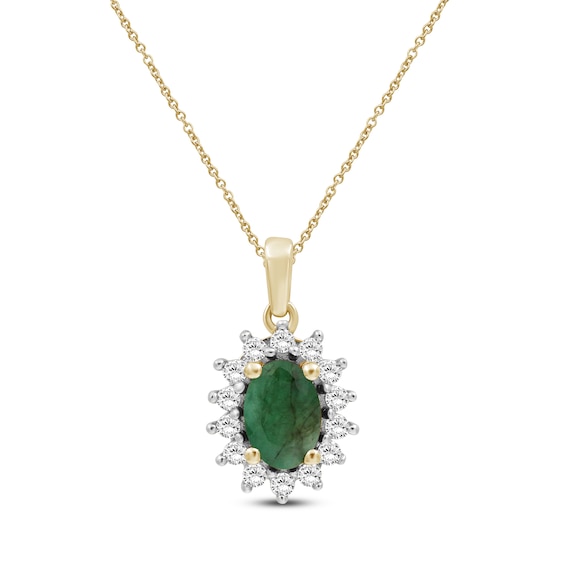 Oval-Cut Natural Emerald & Diamond Starburst Halo Necklace 1/5 ct tw 14K Yellow Gold 18"