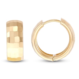 Hammered Huggie Hoop Earrings Solid 10K Yellow Gold