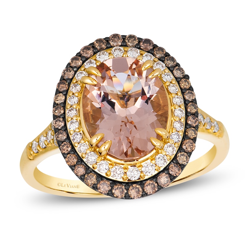 Main Image 1 of Le Vian Oval-Cut Natural Morganite Double Halo Cocktail Ring 1/2 ct tw Diamonds 14K Honey Gold
