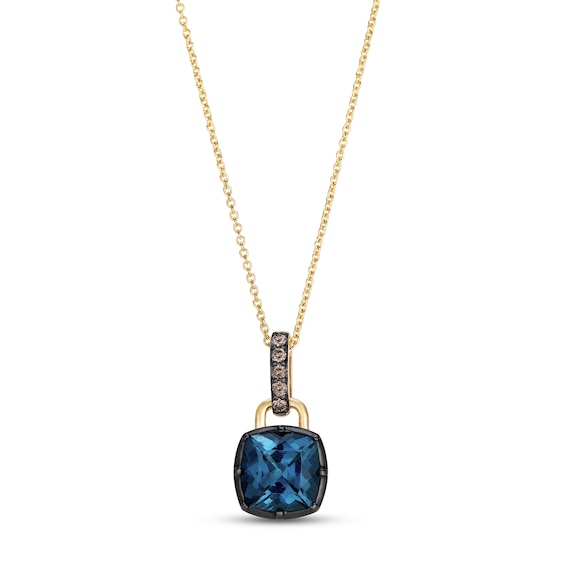 Le Vian Georgian Collection Cushion-Cut Natural London Blue Topaz Necklace 1/20 ct tw Diamonds 14K Honey Gold 19"