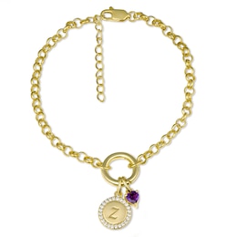 Lab-Created White Sapphire Disc and Color Stone Heart Rolo Bracelet