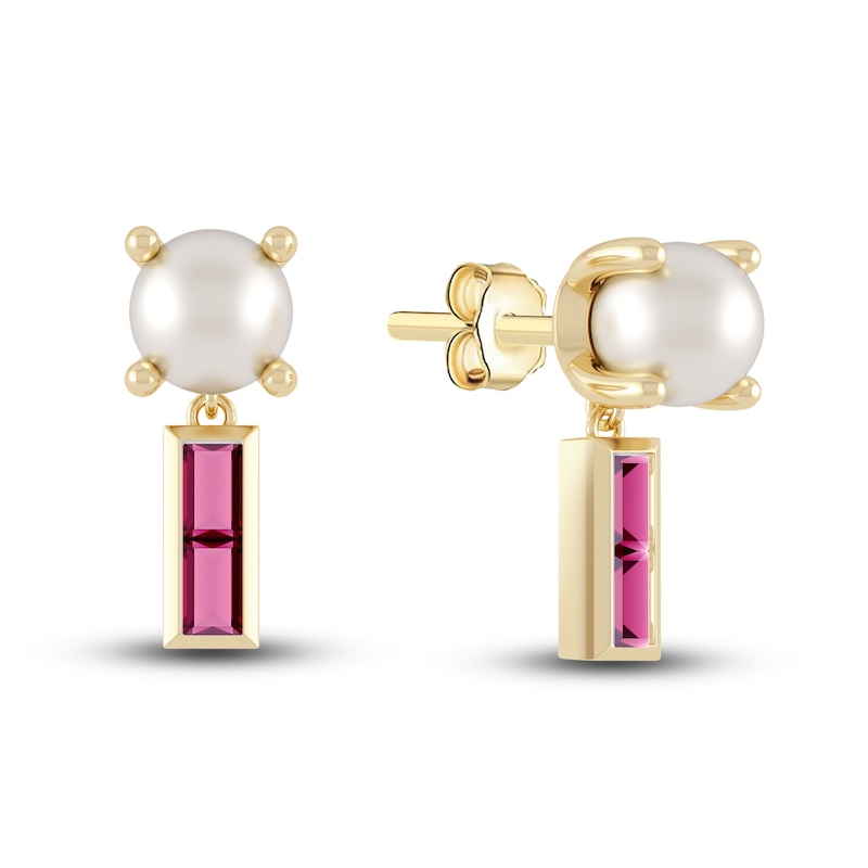 Juliette Maison Natural Rhodalite Garnet Baguette and Cultured Freshwater Pearl Earrings 10K Yellow Gold
