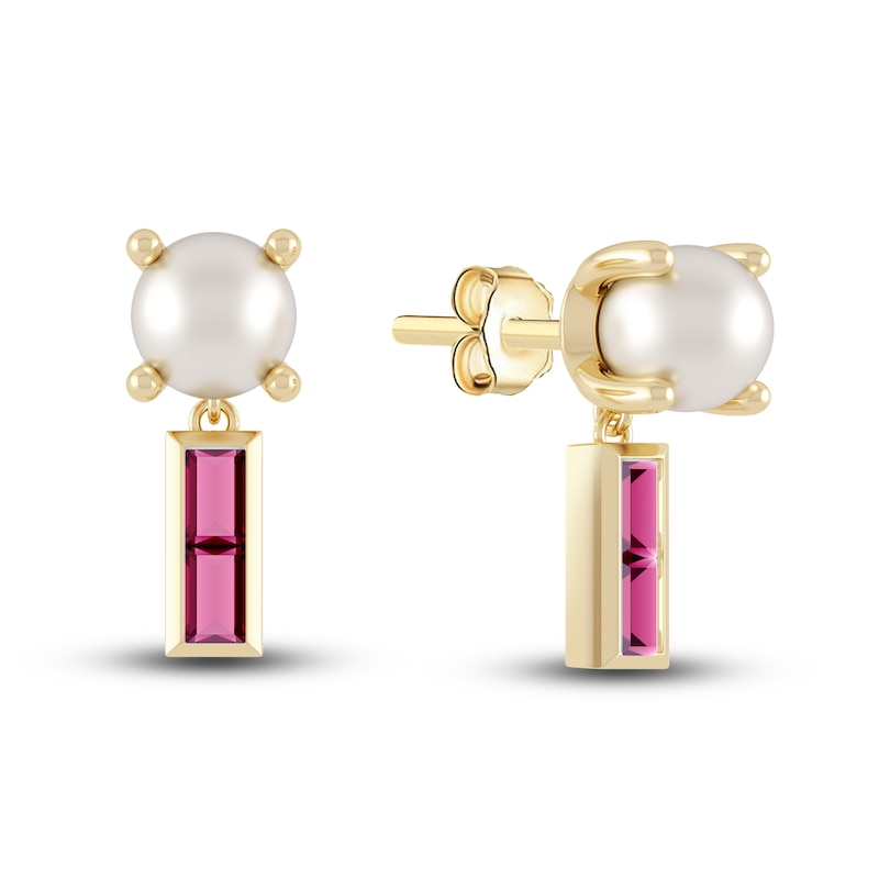 Juliette Maison Natural Rhodolite Garnet Baguette and Freshwater Cultured Pearl Earrings 10K Yellow Gold