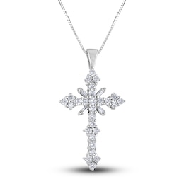 Diamond Cross Pendant Necklace 1 ct tw Round/Baguette 14K White Gold 18"