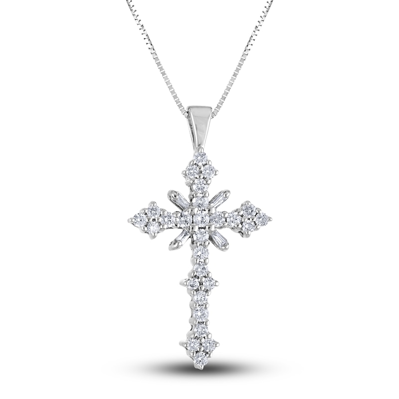 Main Image 1 of Diamond Cross Pendant Necklace 1 ct tw Round/Baguette 14K White Gold 18"