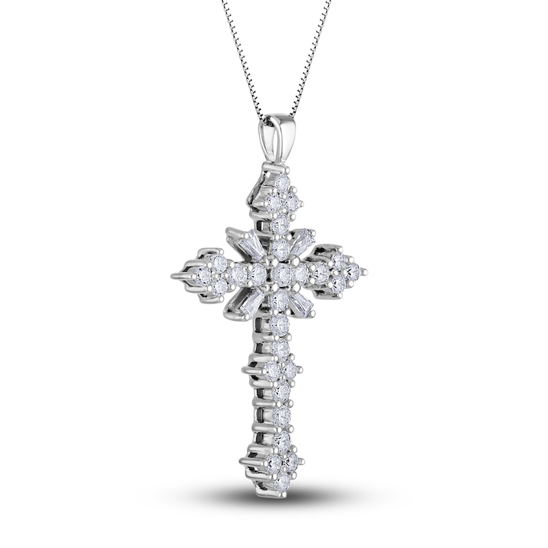 Main Image 2 of Diamond Cross Pendant Necklace 1 ct tw Round/Baguette 14K White Gold 18"