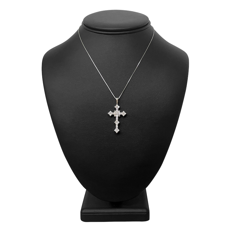 Main Image 4 of Diamond Cross Pendant Necklace 1 ct tw Round/Baguette 14K White Gold 18"