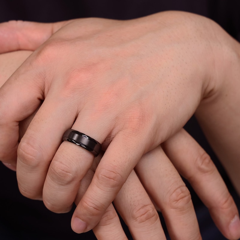 Main Image 6 of Men's Hammered Edge Wedding Band Black Zirconium 8.0mm