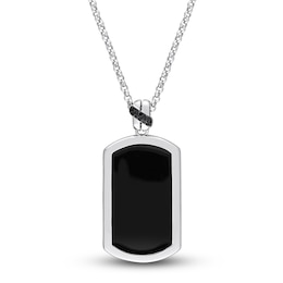 Y-Knot Men's Black Enamel Diamond Dog Tag Necklace 1/20 ct tw Round Sterling Silver 22"