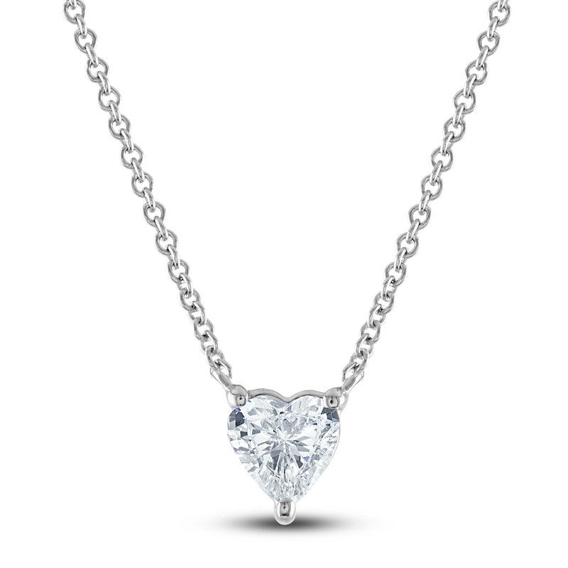 Main Image 1 of Lab-Grown Diamond Solitaire Necklace 1 ct tw Heart-Cut 14K White Gold (F/SI2) 18"