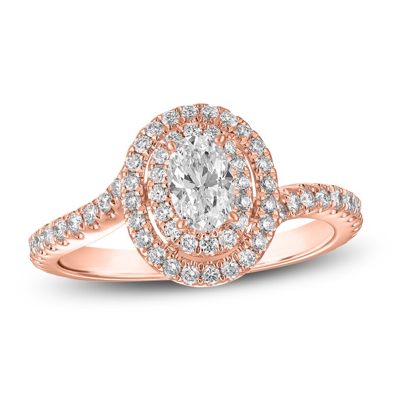 Main Image 1 of Oval & Round-Cut Diamond Double Halo Engagement Ring 7/8 ct tw 14K Rose Gold