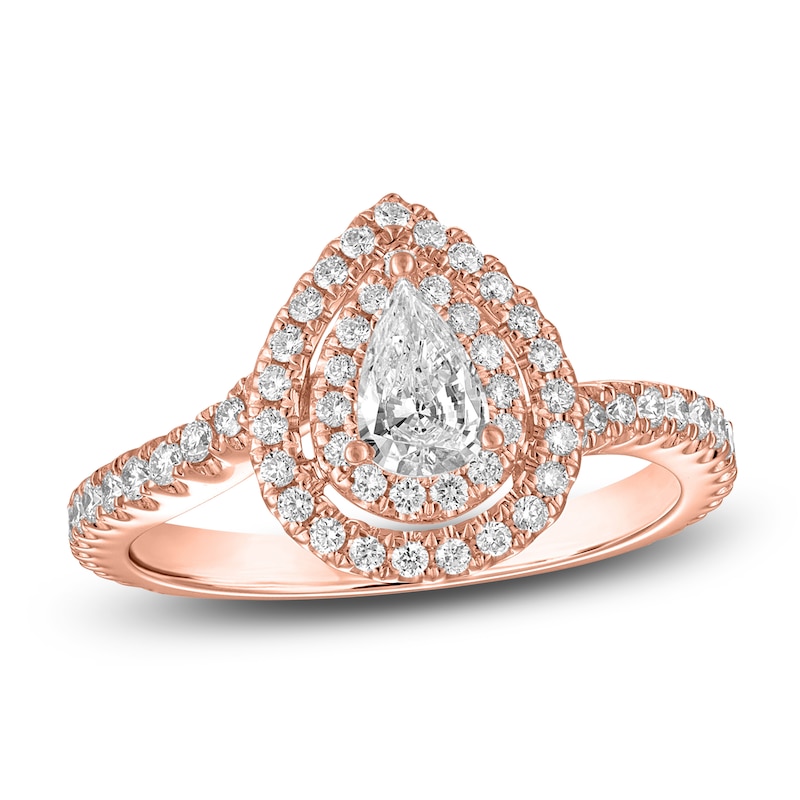 Main Image 1 of Pear & Round-Cut Diamond Double Halo Engagement Ring 7/8 ct tw 14K Rose Gold
