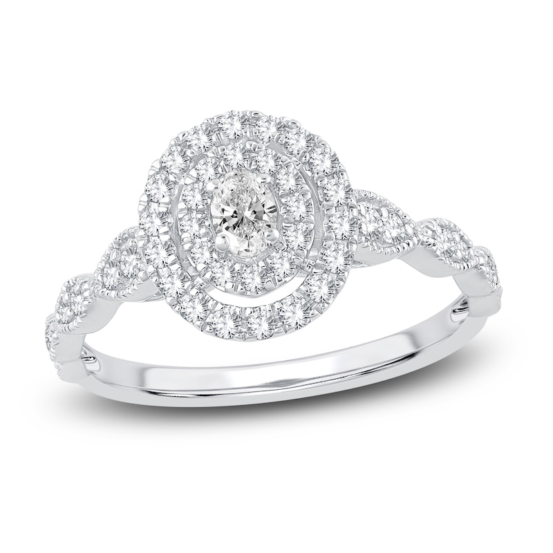Main Image 1 of Diamond Double Halo Engagement Ring 1/2 ct tw Oval/Round 14K White Gold