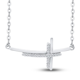 Diamond Double Cross Necklace 1/10 ct tw Round 14K White Gold 18"