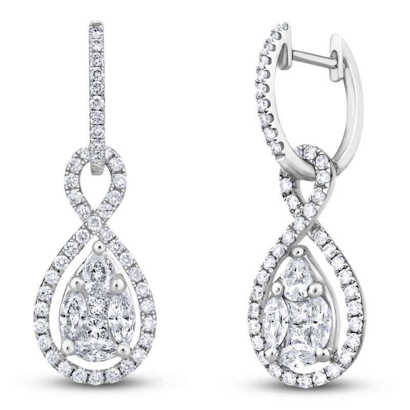 Main Image 3 of Multi-Diamond Twist Drop Hoop Earrings 1-3/8 ct tw 14K White Gold