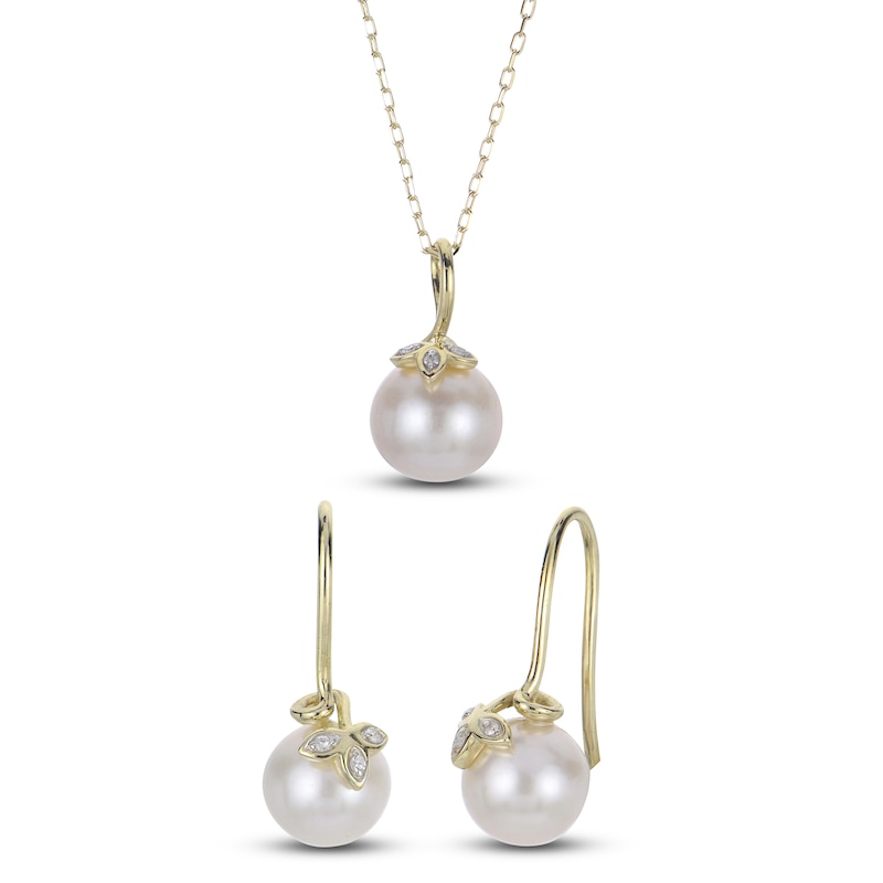 Cultured Pearl & Diamond Leaf Gift Set 1/20 ct tw 10K Yellow Gold