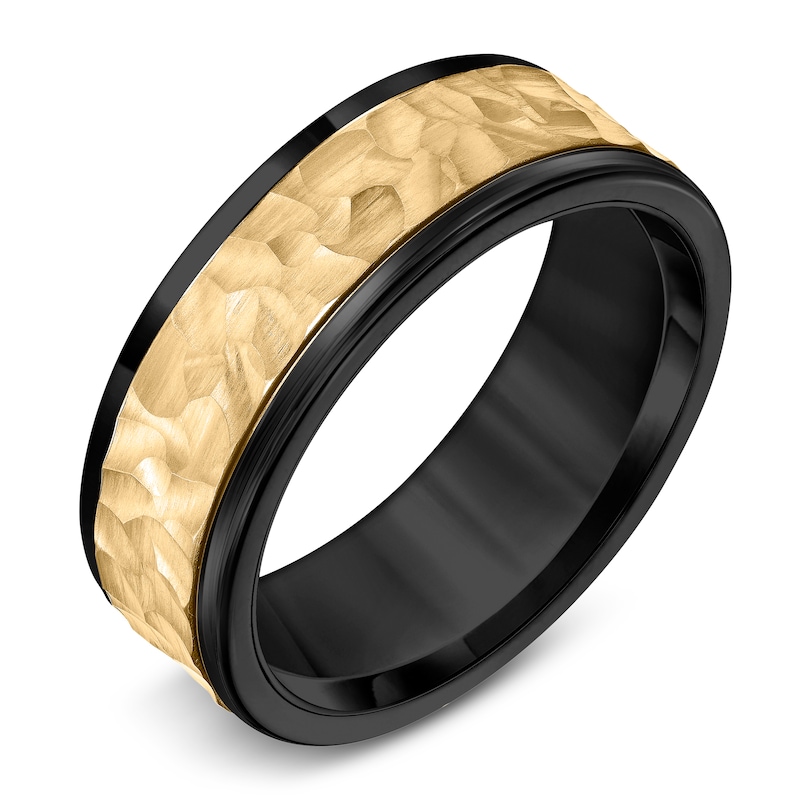 Main Image 2 of Men's Hammered Wedding Band 14K Yellow Gold & Black Tungsten Carbide 8mm