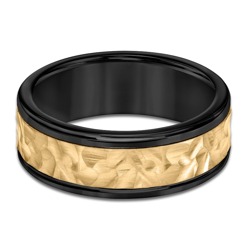 Main Image 3 of Men's Hammered Wedding Band 14K Yellow Gold & Black Tungsten Carbide 8mm