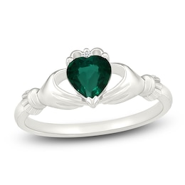 Heart-Shaped Lab-Created Emerald & White Lab-Created Sapphire Claddagh Ring Sterling Silver