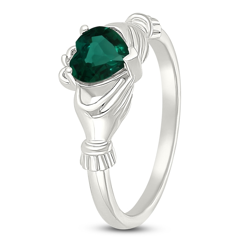 Main Image 4 of Heart-Shaped Lab-Created Emerald & White Lab-Created Sapphire Claddagh Ring Sterling Silver