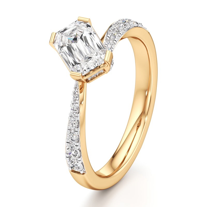 Main Image 4 of J'Lure Imperial-Emerald Step-Cut Lab-Grown Diamond Bypass Engagement Ring 1-1/3 ct tw 18K Yellow Gold