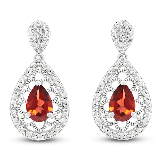 Pear-Shaped Natural Garnet & Diamond Dangle Earrings 1/6 ct tw Sterling Silver