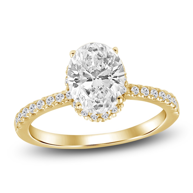Main Image 1 of Oval-Cut Lab-Grown Diamond Halo Engagement Ring 1-1/2 ct tw 18K Yellow Gold