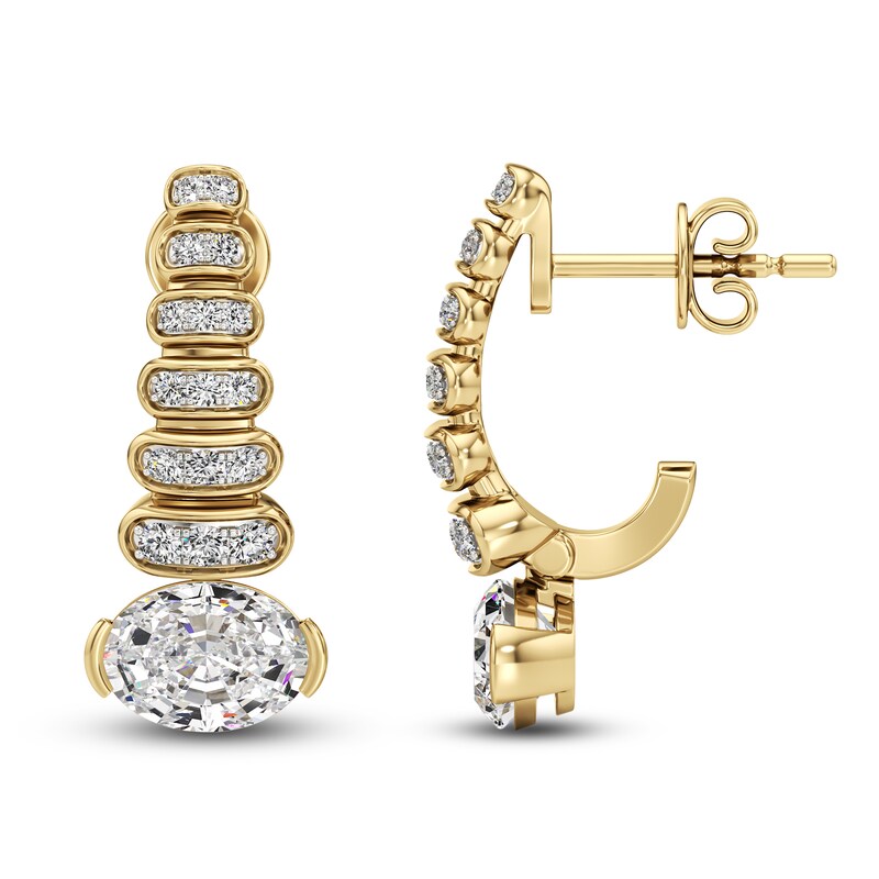 Main Image 1 of J'Lure Oval Step-Cut Lab-Grown Diamond J-Hoop Earrings 2-1/5 ct tw 14K Yellow Gold