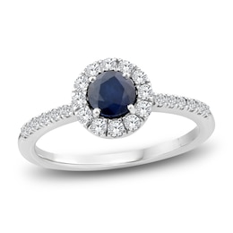 Natural Blue Sapphire & Diamond Halo Ring 1/3 ct tw 10K White Gold