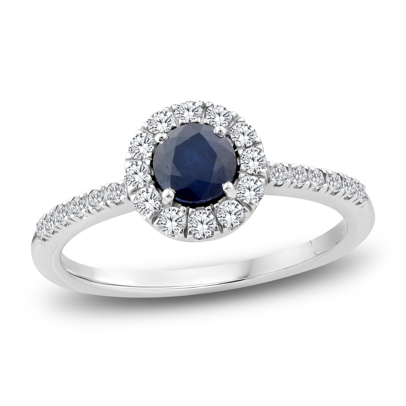 Natural Blue Sapphire & Diamond Halo Ring 1/3 ct tw 10K White Gold